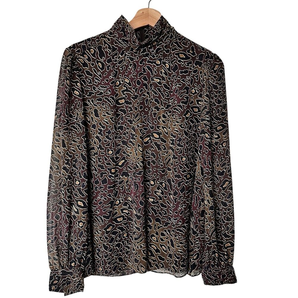 TORY BURCH Whitfiels Abstract Animal Print chiffon Silk Blouse mock neck 8